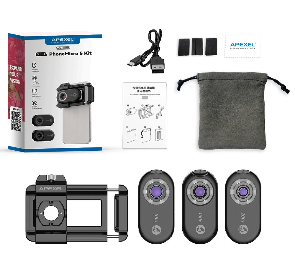 APEXEL NEW PhoneMicro 5 100X -200X Microscope Lens for Phone Lens 3 in 1 Magnification MacroLens with LED Smartphone Accessories