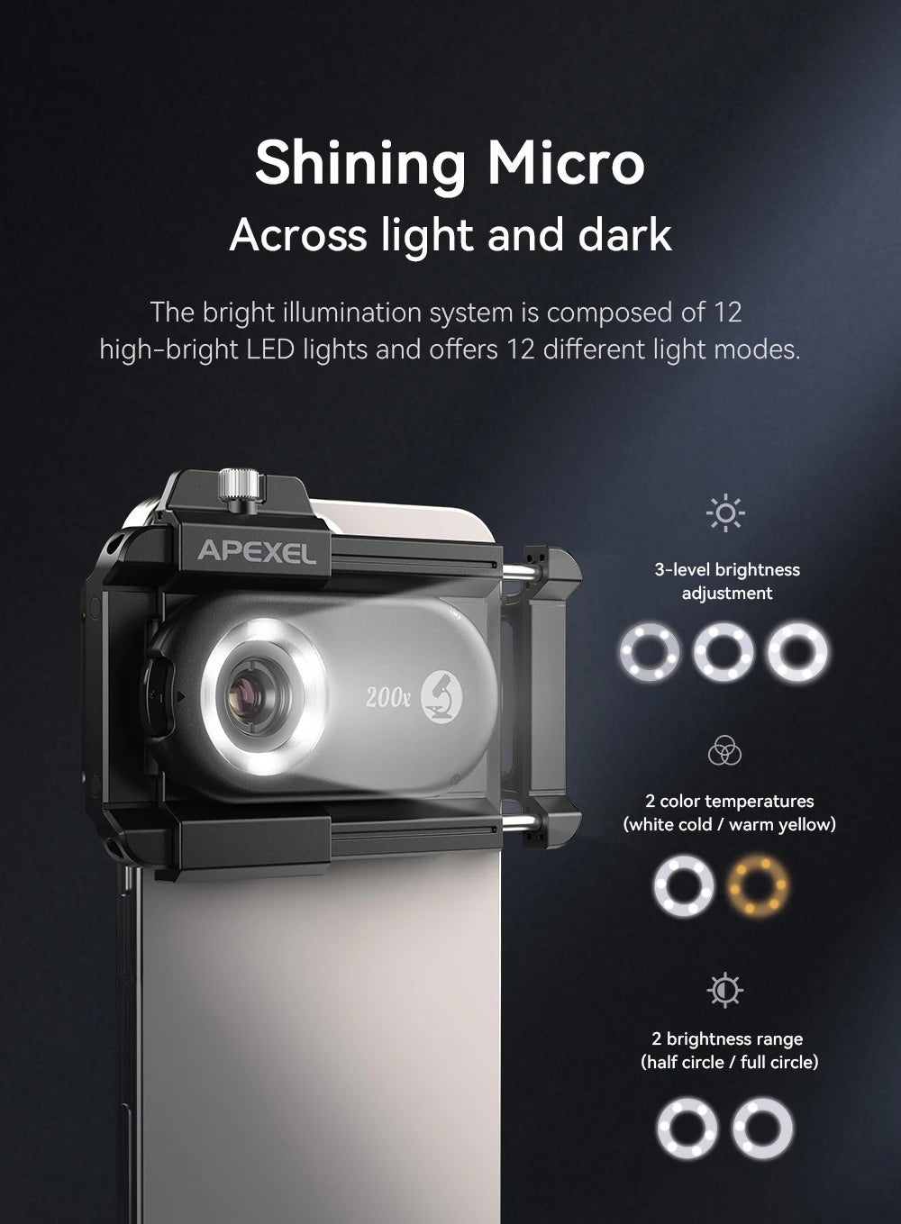 APEXEL NEW PhoneMicro 5 100X -200X Microscope Lens for Phone Lens 3 in 1 Magnification MacroLens with LED Smartphone Accessories