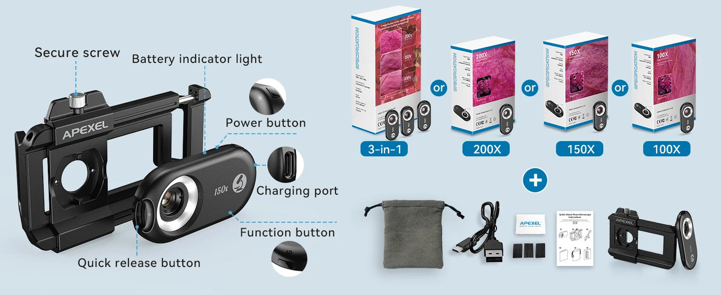 APEXEL NEW PhoneMicro 5 100X -200X Microscope Lens for Phone Lens 3 in 1 Magnification MacroLens with LED Smartphone Accessories